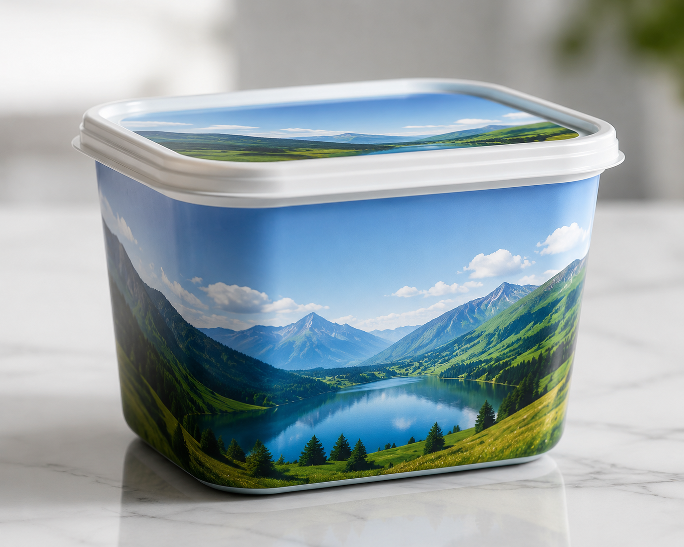 Sample round tub with a dairy-style in-mold label