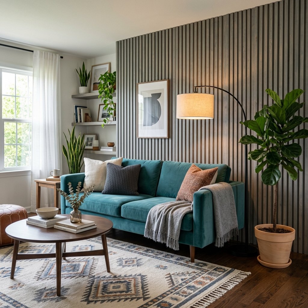 Living room with Gray-Wash 3D wall panel accent wall
