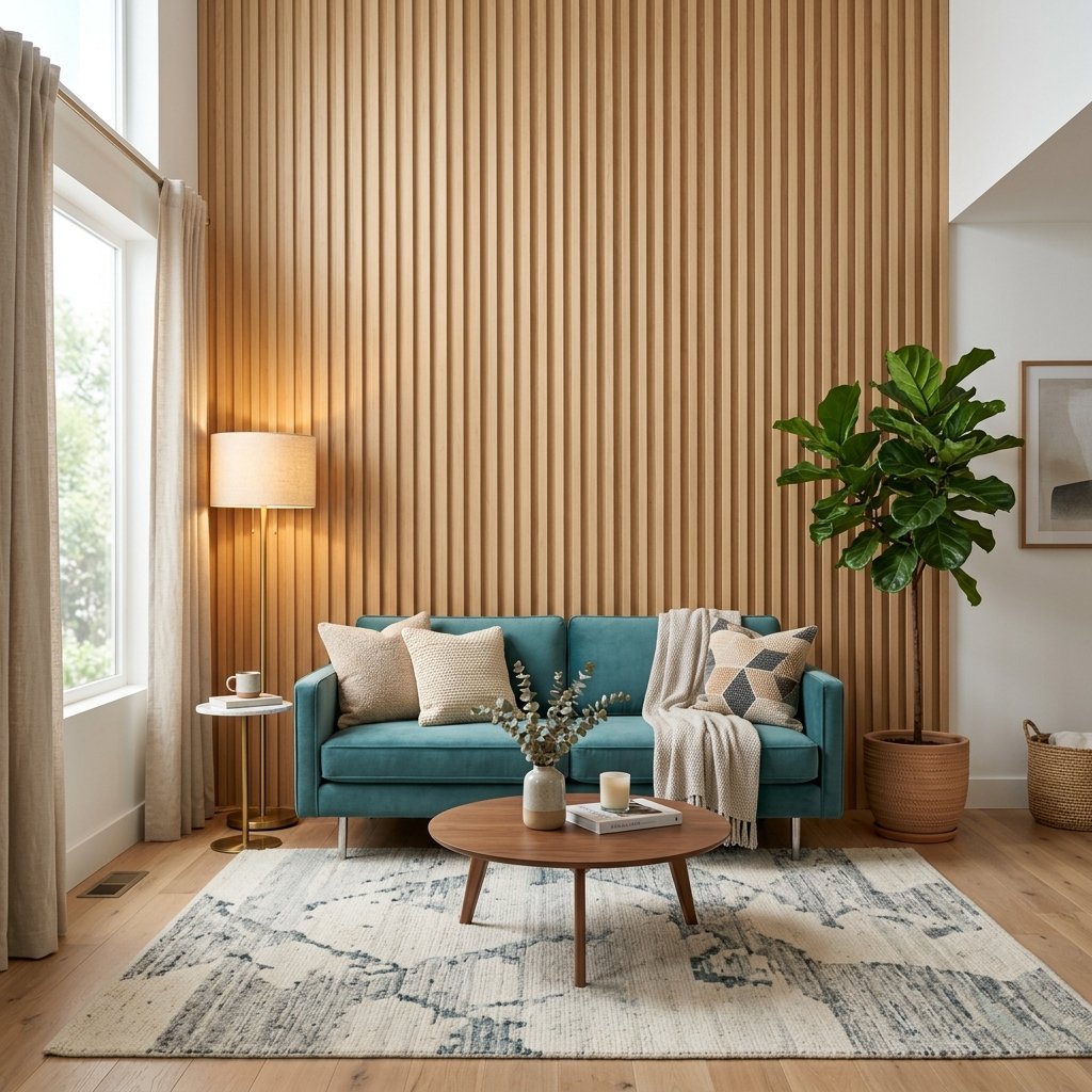 Living room with Natural Oak 3D wall panel accent wall